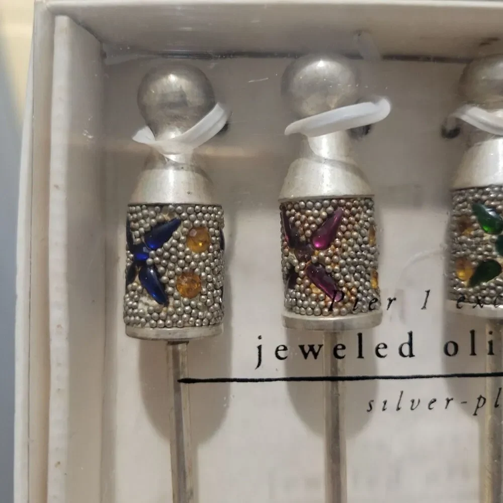 Vtg Pier 1 Exclusive Jeweled Silver Plated Olive Picks Jeweled Fancy Heavy Duty